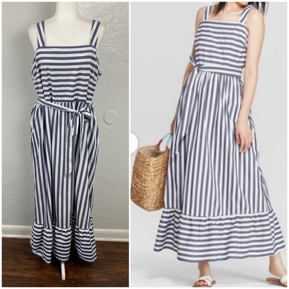A New Day Blue Stripe White Long Maxi Dress Square Neckline Tie at waist